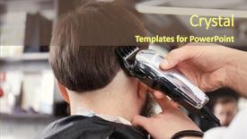  Presentation with barber - PPT theme having barber making modern male hairstyle background and a tawny brown colored foreground