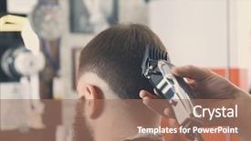  Presentation with barber - PPT theme with barber making modern male hairstyle background and a coral colored foreground