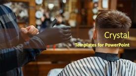  Presentation with barber - Presentation having barber-puts-on-gloves-customer background and a tawny brown colored foreground