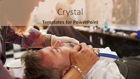  Presentation with barber - PPT theme featuring barber shaving client with cut throat razor background and a coral colored foreground