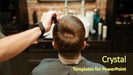  Presentation with barber - Colorful PPT theme enhanced with barber shop - image of man getting haircut backdrop and a tawny brown colored foreground