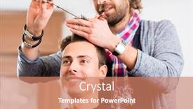  Presentation with barber shop - Colorful presentation enhanced with barber trimming man hair in haircutter shop backdrop and a coral colored foreground