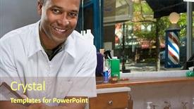  Presentation with happy barber client - PPT theme enhanced with barber background and a tawny brown colored foreground