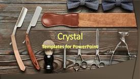  Presentation with barber shop - Beautiful presentation theme featuring barbershop - vintage barber shop tools backdrop and a tawny brown colored foreground
