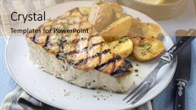  Presentation with steak - Amazing PPT theme having barbie - barbecue swordfish steak on plate backdrop and a coral colored foreground