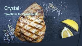  Presentation with barbecue - Cool new slides with barbie - barbecue swordfish steak on stone backdrop and a ocean colored foreground