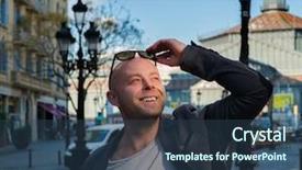  Presentation with aged - PPT layouts featuring barcelona city - smiling middle-aged man wearing jacket background and a  colored foreground