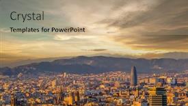 Presentation with overlook - PPT theme having barcelona-cityscape-at-sunset-overlook background and a coral colored foreground