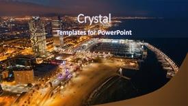  Presentation with coast - Audience pleasing slide set consisting of barcelona coast pier aerial view backdrop and a navy blue colored foreground