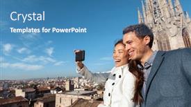  Presentation with travel app - Amazing PPT theme having barcelona-couple-europe-travel-tourists backdrop and a teal colored foreground