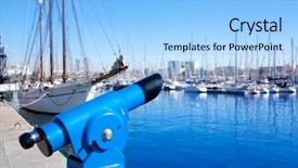  Presentation with telescope - Amazing theme having barcelona port marina with blue telescope and sailboats backdrop and a light blue colored foreground