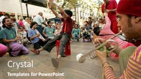  Presentation with marching band - Amazing PPT theme having barcelona-sept-24-musicians backdrop and a coral colored foreground