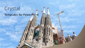  Presentation with build - Beautiful theme featuring barcelona-spain-july-25-la backdrop and a light blue colored foreground