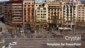  Presentation with city buildings - Beautiful PPT theme featuring barcelona-spain-march-3-2018 backdrop and a dark gray colored foreground