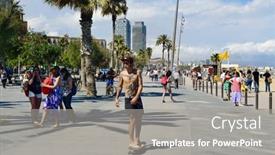 Presentation with city people walking - Theme featuring barcelona-spain-may-30-people background and a gray colored foreground
