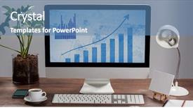  Presentation with cup coffee - Cool new slide deck with barchart - computer showing charts and graphs backdrop and a teal colored foreground