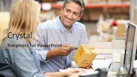  Presentation with warehouse - Colorful presentation theme enhanced with barcode box - business colleagues working at desk backdrop and a coral colored foreground