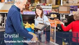  Presentation with barcode - Colorful PPT theme enhanced with barcode-cashier-scanning-the-goods backdrop and a ocean colored foreground