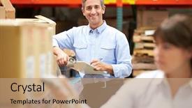  Presentation with large warehouse logistic or distribution - Theme enhanced with barcode scanner - manager in warehouse with worker background and a coral colored foreground