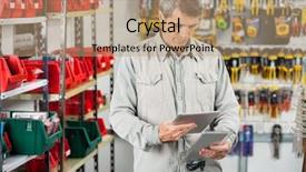  Presentation with pitching a product to a big retailer - Theme featuring barcode scanner - mature male customer analyzing product background and a coral colored foreground