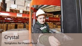  Presentation with scanning - Presentation theme enhanced with barcode scanner - worker man in uniform scanning background and a coral colored foreground