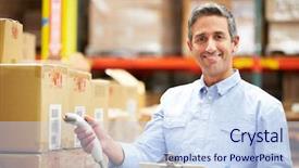  Presentation with scanning - PPT layouts enhanced with barcode scanner - worker scanning package in warehouse background and a sky blue colored foreground