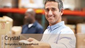  Presentation with personal package - Cool new slides with barcode scanner - worker scanning package in warehouse backdrop and a coral colored foreground