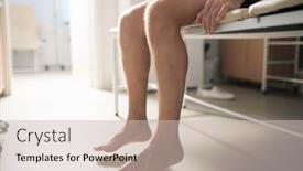  Presentation with doctor office - Slide set enhanced with bare legs of sick male patient sitting on couch in medical office while waiting for doctor or masseur background and a soft green colored foreground