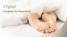  Presentation with white sheet - Audience pleasing PPT theme consisting of bare soles and feet of young woman sleeping under white sheet or blanket while lying on bed backdrop and a sky blue colored foreground