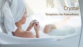  Presentation with tub - Presentation design having bare woman sitting in jacuzzi tub with cup of tea background and a sky blue colored foreground