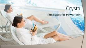  Presentation with swimming pool - Audience pleasing PPT theme consisting of barefoot girls in white bathrobes backdrop and a sky blue colored foreground