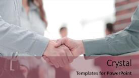  Presentation with shaking hands - Audience pleasing presentation design consisting of bargaining power - businessman and a co-worker shaking backdrop and a violet colored foreground