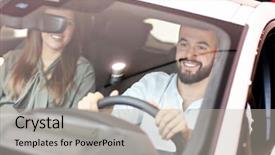  Presentation with car - Presentation theme featuring bargin - adult couple choosing new car background and a light gray colored foreground