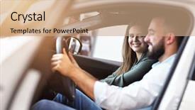  Presentation with car - Presentation design with bargin - adult couple choosing new car background and a coral colored foreground