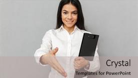  Presentation with hand shake office - Theme consisting of bargin - portrait of office woman background and a light gray colored foreground