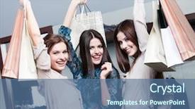  Presentation with shopping for electronics - Cool new slide deck with bargin - three friends are happy backdrop and a ocean colored foreground