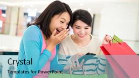  Presentation with women - Presentation theme with bargin - two excited women holding lots background and a teal colored foreground