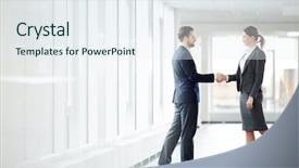  Presentation with shaking hands - Presentation theme enhanced with bargin - young successful business partners shaking background and a sky blue colored foreground