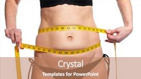  Presentation with weight loss lose text - Presentation design with bariatric - woman measuring fat abdomen overweight background and a coral colored foreground