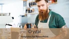  Presentation with coffee shop - Theme having barista - handsome young man preparing coffee background and a coral colored foreground
