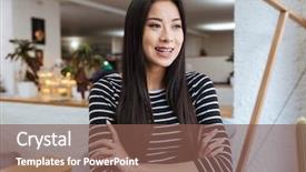  Presentation with asian - Beautiful PPT theme featuring barista career - laughing asian woman in sweater backdrop and a  colored foreground