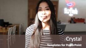  Presentation with asian - Cool new presentation design with barista career - pleased asian woman in sweater backdrop and a  colored foreground