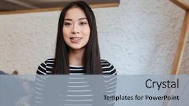  Presentation with asian literature - PPT theme having barista career - smiling asian woman in sweater background and a  colored foreground