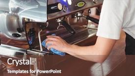  Presentation with machine shop - Beautiful slide deck featuring barista cleaning coffee machine backdrop and a tawny brown colored foreground