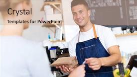  Presentation with college coffee shop - Amazing slide deck having barista serving customer in coffee backdrop and a coral colored foreground