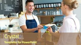  Presentation with coffee shop - Slide deck with barista serving customer in coffee background and a coral colored foreground