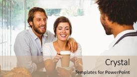  Presentation with coffee shop - Colorful slides enhanced with barista serving two happy customers backdrop and a coral colored foreground