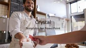  Presentation with cyber credit card crime - Presentation theme consisting of barista takes credit card payment background and a light gray colored foreground