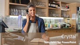  Presentation with cafeteria - Slides enhanced with barista-woman-taking-orders-over background and a coral colored foreground