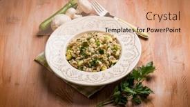  Presentation with mushroom - Beautiful presentation featuring barley risotto with mushroom and zucchinis backdrop and a coral colored foreground